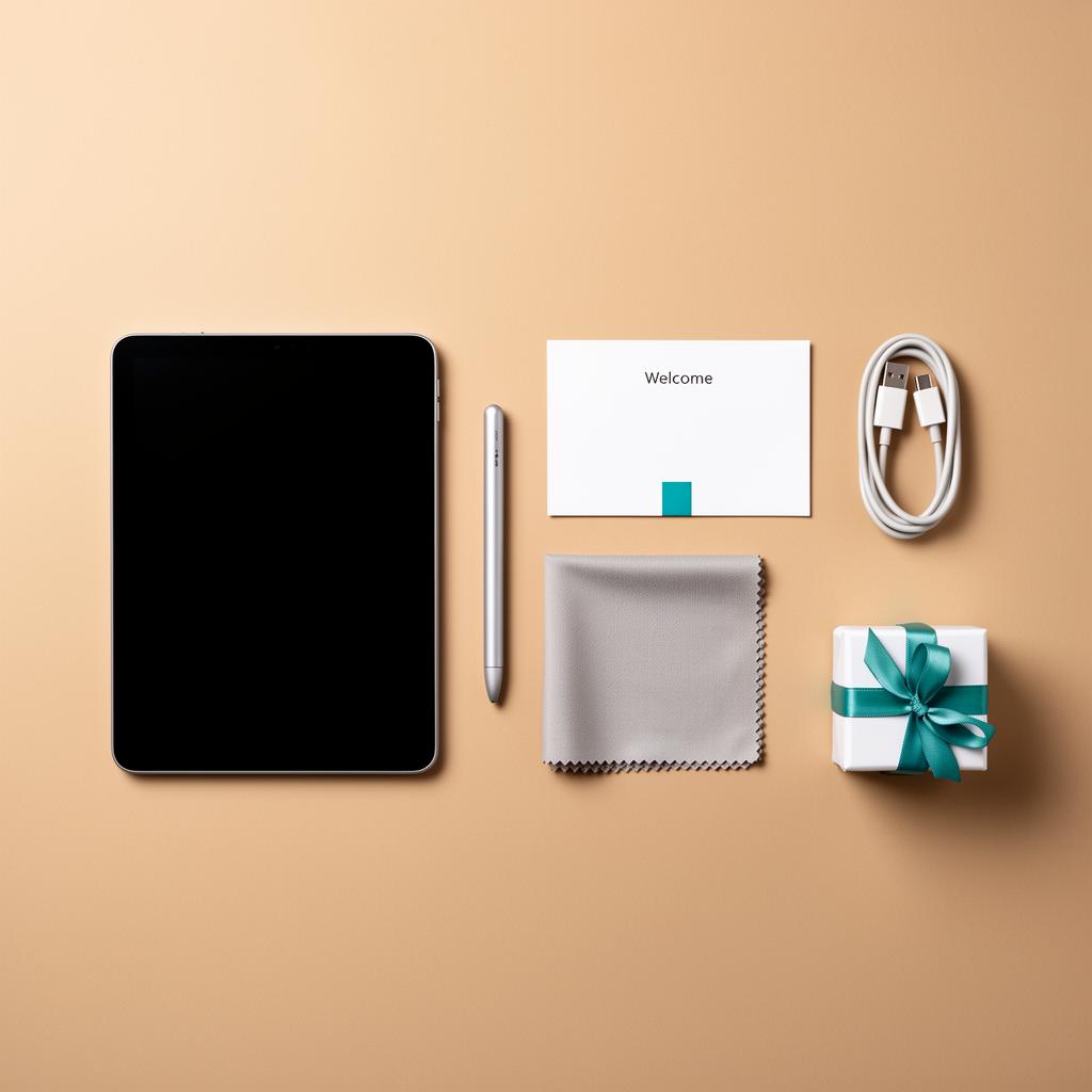 Side-by-side: tablet, stylus, welcome card, charger and gift box